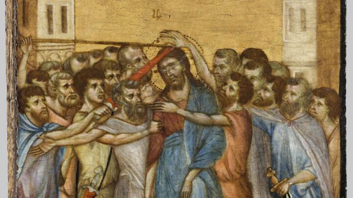 A detail from Cimabue's restored "Mocking of Christ", which was found in a kitchen in the town of Compiègne, north of Paris, in 2019.